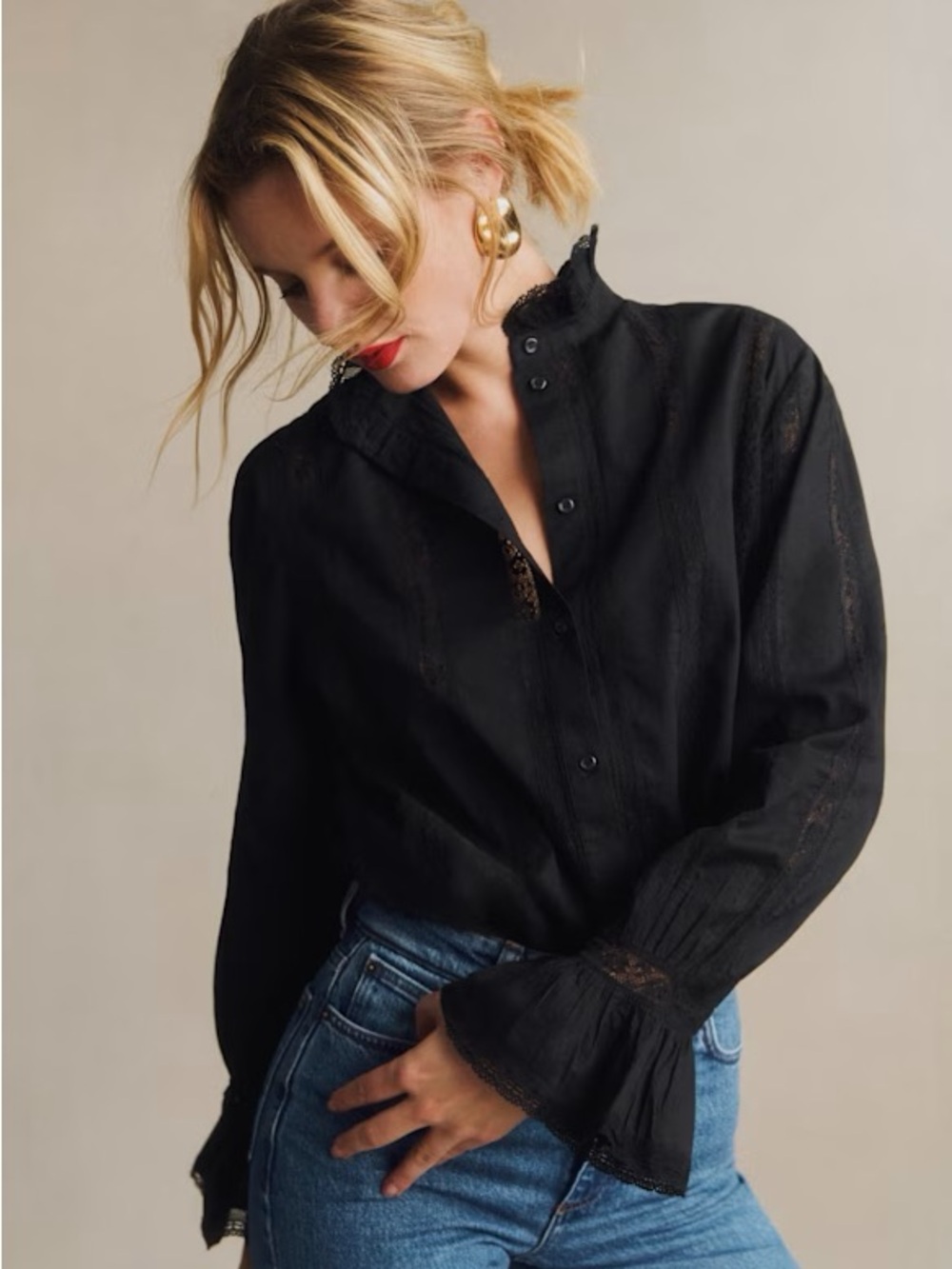 Sezane Lise Black Long Sleeve Blouse Shirt 38 M